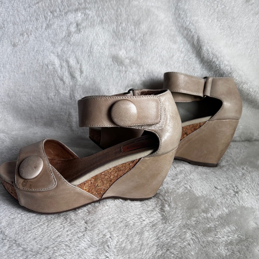 Miz Mooz Metallic Taupe Wedge Sandals with Button Accents - Picture 6 of 9